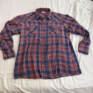 Roebucks Flannel Shirt Mens XL Red Plaid Pearl Snap Button Up Western Distressed